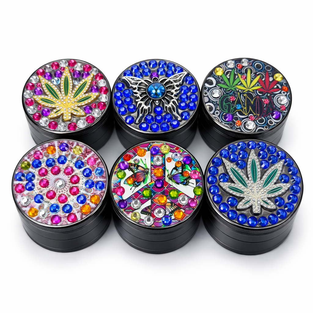 Genie | 4-Part 63mm 3D Decorative Grinder with rhinestones – Box of 6 [GR63] Regular Grinder BB Canada Design E