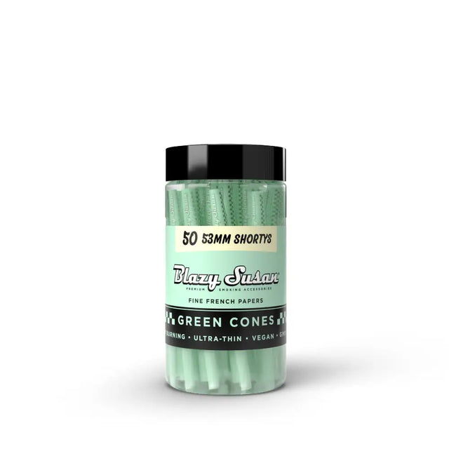 Blazy Susan | Green Cones Jar – (50 Count) Pre-rolled Cone (Bulk / Tower) Smoking Cat Distribution Shorty (53mm)