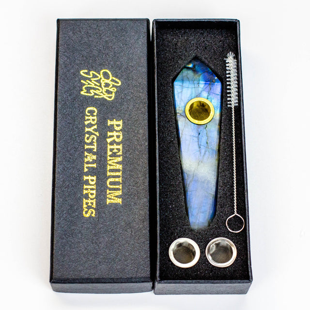 Acid Secs - Natural Labradorite FLASH Smoking Pipe with choke hole Quartz · Stone Pipe Acid Secs Productions Inc.